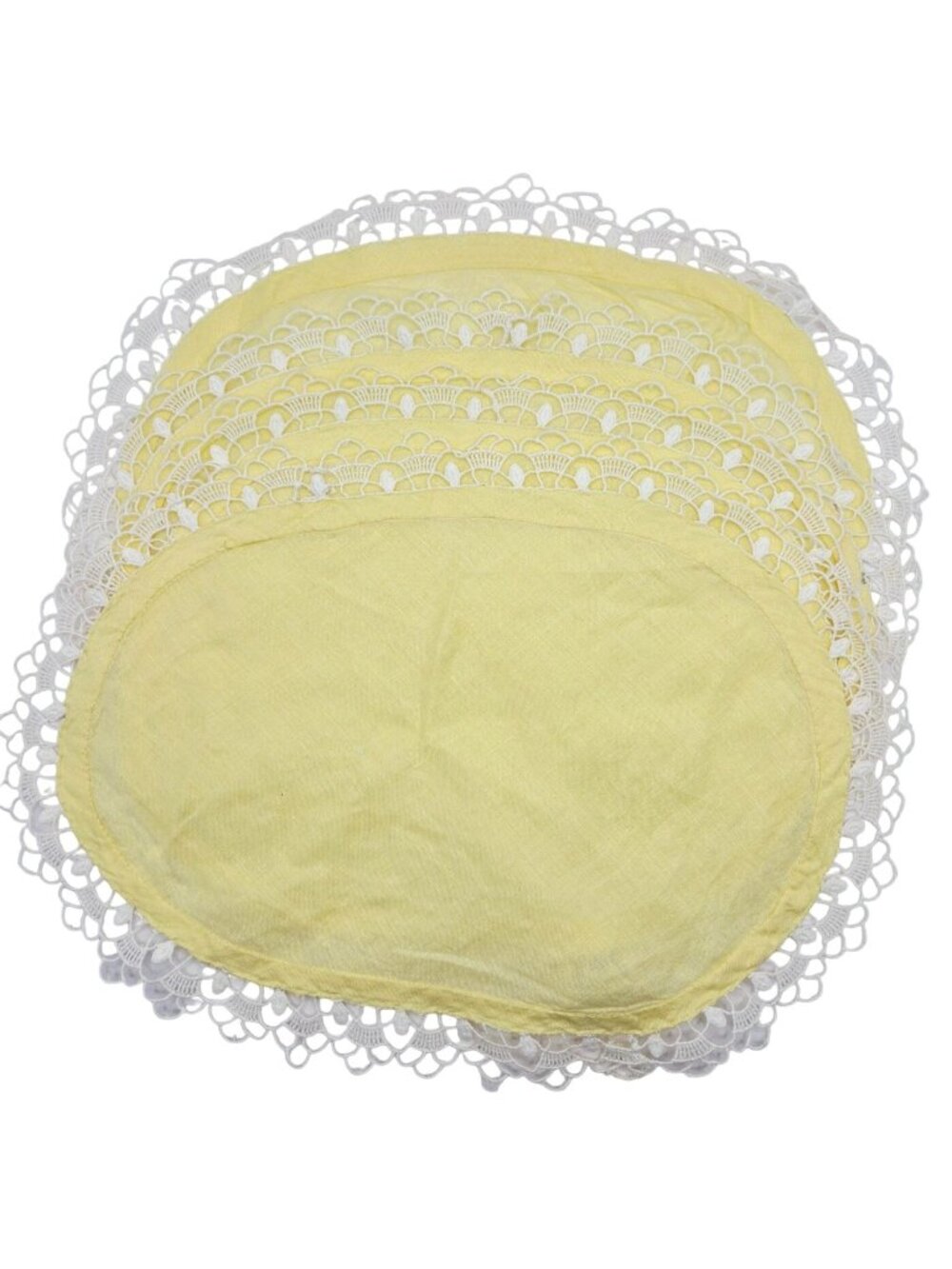 Vtg Yellow Linen Doilies Oval Hand Sewn Lace-Trimmed Set Of 4 Granny Cottage